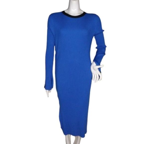 FUTURE COLLECTIVE Dress, XL, Blue Ribbed Knit, Side Buttons, Long sleeve, Stripe - Picture 1 of 15